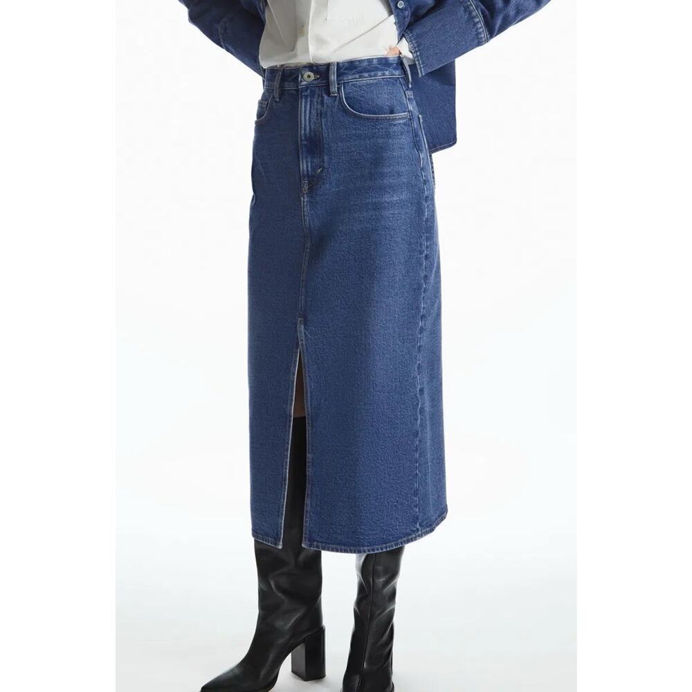 COS Front Slit Denim ALine High Waist Midi Skirt Size 2 Pockets Staple Essential